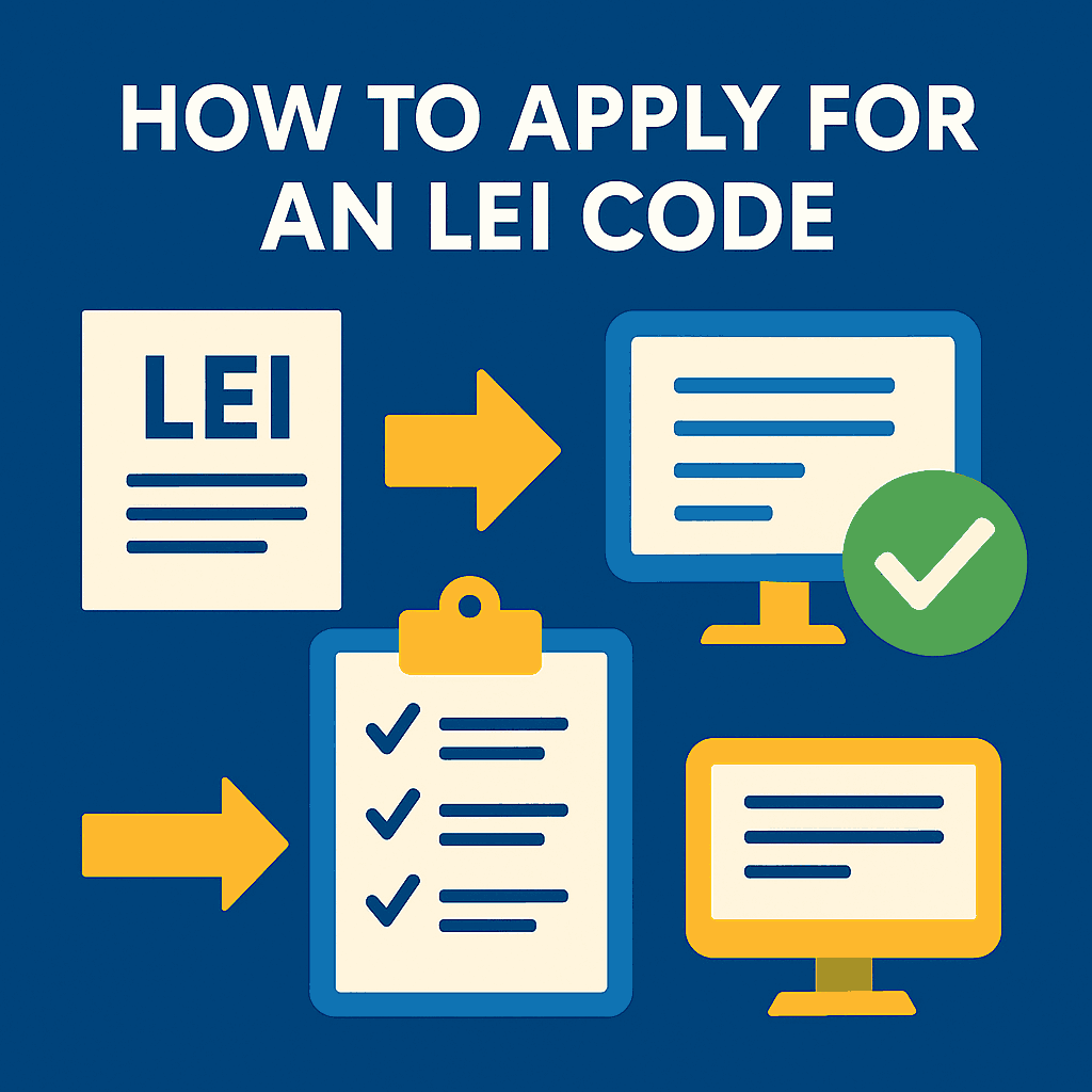 Step-by-step LEI code application process – document, checklist, computer screens, and arrows showing the registration flow